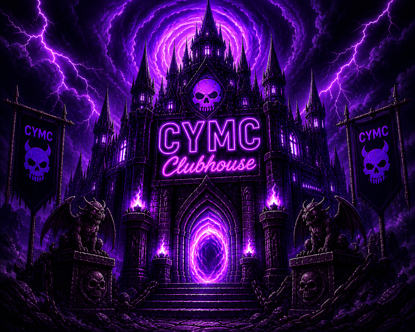 CYMC Clubhouse — a gothic neon-lit castle venue on its NEONLAND plot